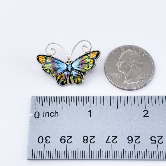 David Andersen Guilloche Multicolor Enamel Sterling Silver Butterfly Pin Brooch - Picture 7 of 7